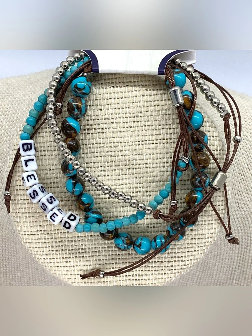 Hello Happy Turquoise Blue Brown Beaded Bracelet Boho Fall Festival Southwestern